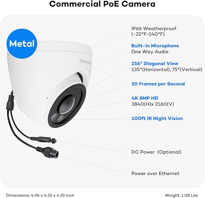 ONWOTE 156° Ultra Wide View Angle 4K 8MP PoE IP Security Camera Outdoor, AI Human Vehicle Detection, 1/2.8" Image Sensor 2.1mm Lens, Commercial Wired Camera for Business, Add-on to PoE NVR System