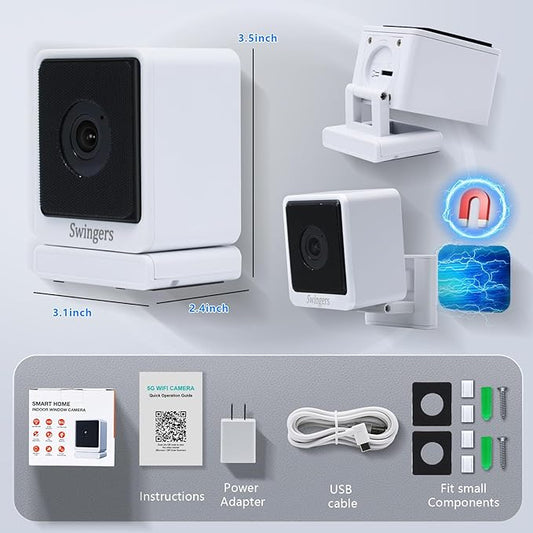 Swingers 3MP 2K Window Camera,2.4GHz & WiFi Indoor Cameras for Home Security with Phone app,Person & Motion Detection,Night Vision,Easy & Quick Install (2 Pack)