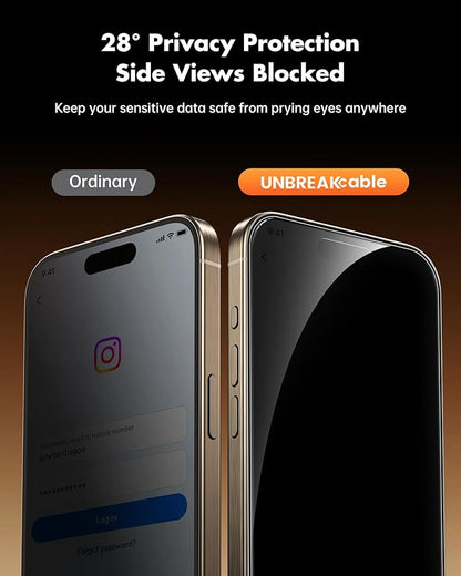 UNBREAKcable Privacy Screen Protector for iPhone 15 Pro Max, Shatterproof Tempered Glass [True 28°Anti Spy] [9H Hardness] [Easy Installation Frame] Private Protector for iPhone 15 Pro Max 6.7"-2 Pack
