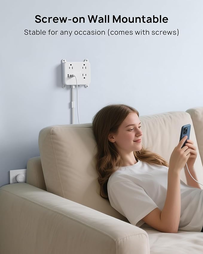 TROND 360 Rotating Plug Flat Power Strip, 3FT Short Extension Cord with 2 USB C Charger, 3 AC Widely Spaced Outlets with On Off Switch, Screw-on Wall Mountable, Use Behind Couches, Nightstands, Desks