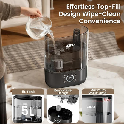 COMHOMA Humidifiers for Bedroom, 5L Top Fill for Large Room, 36H Runtime, 28 dB Quiet Cool Mist Air Humidifier for Baby Nursery, Plants, Indoor, APP/7-color Nightlight, Easy to Clean & Fill, Black