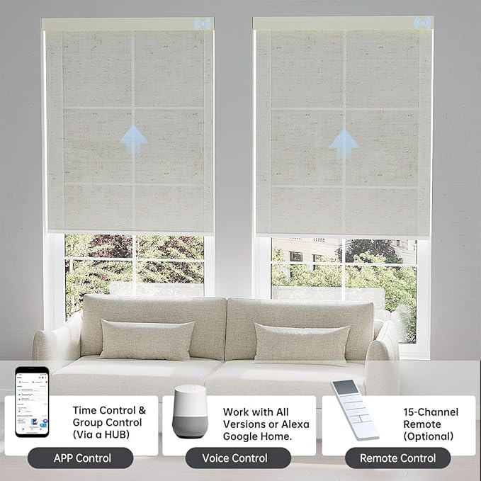 Motorized Blinds with Remote, Light Filtering Smart Blinds for Windows Automatic Roller Shades Compatible with Alexa, Motorized Shades Customized for Living Room Home Office (Linen Beige)