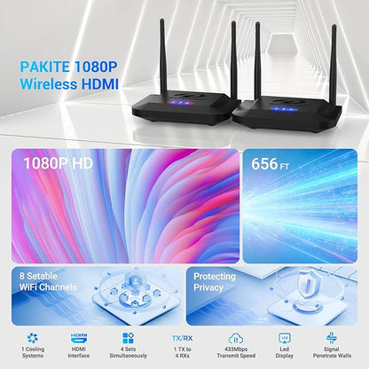 Wireless HDMI Transmitter and Receiver 4K Decoding 1080P 60HZ, 656 FT, HDMI Loop-Out, IR Extend, Dual Cooling Systems, 8 Channels, 1 TX to 3 RXS, Streaming from STB,PC,CCTV to TV,Projector,Monitor