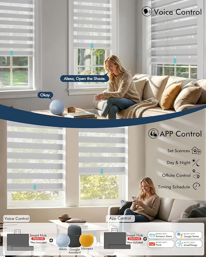 No Drill Motorized Zebra Blinds with Remote,Cordless Shades Dual Layer,Thermal Insulated Upgraded Shades(Gray,33.5" W x 72" H)