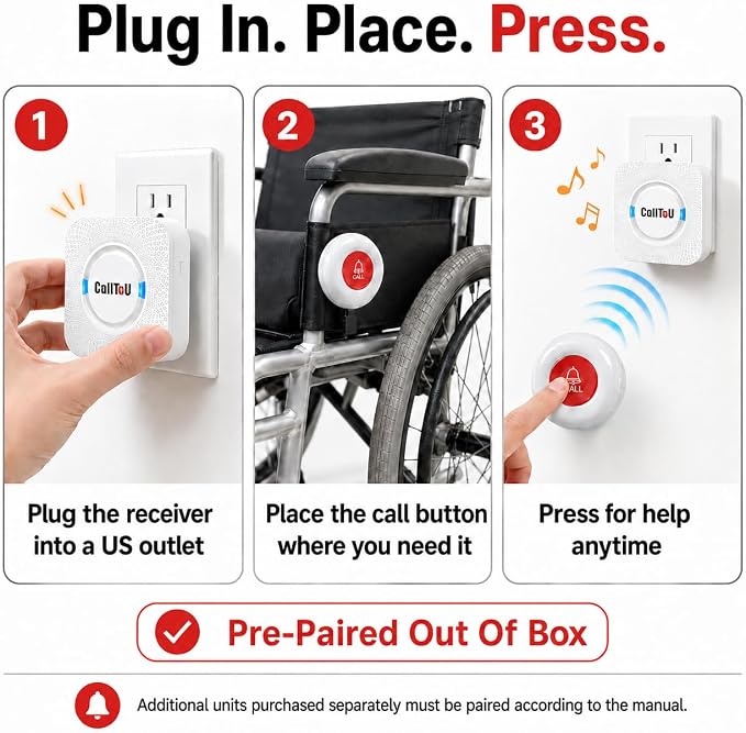 CallToU Caregiver Pager Wireless Call Button Nurse Alert System 500+ Feet for Home/Elderly/Patient/Disabled 06WS (3 Receiver 1 Round Button)