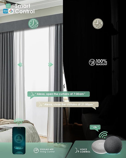 Yoolax Motorized Curtains with Remote, Blackout Curtains with Voice Control, Smart Retractable Shades for Living Room, Bedroom, Compatible with Alexa Google Home, APP Control, Custom Size, Grey