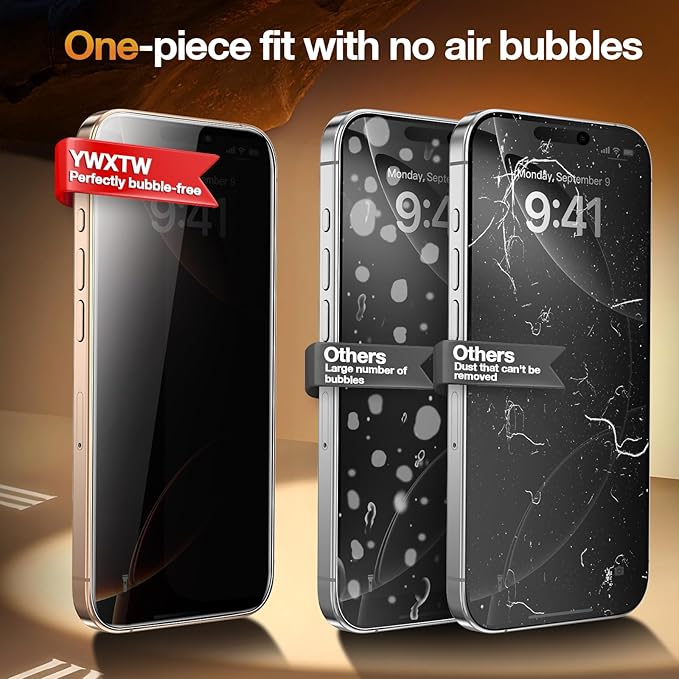 YWXTW 2 Pack Privacy Screen Protector for iPhone 16 Pro Max, [28°Anti-Spy] [9H+ Hardness Tempered Glass] [Auto-Alignment Kits], Easy Installation Bubble-Free & Case-Friendly HD Full Coverage