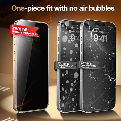 YWXTW 2 Pack Privacy Screen Protector for iPhone 16 Pro Max, [28°Anti-Spy] [9H+ Hardness Tempered Glass] [Auto-Alignment Kits], Easy Installation Bubble-Free & Case-Friendly HD Full Coverage