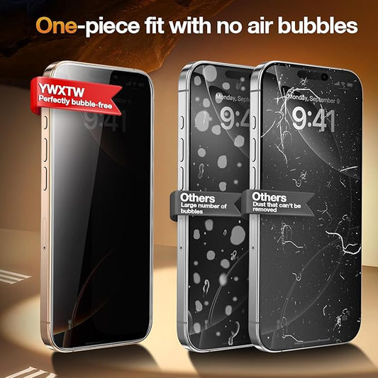 YWXTW 2 Pack Privacy Screen Protector for iPhone 16 Pro Max, [28°Anti-Spy] [9H+ Hardness Tempered Glass] [Auto-Alignment Kits], Easy Installation Bubble-Free & Case-Friendly HD Full Coverage