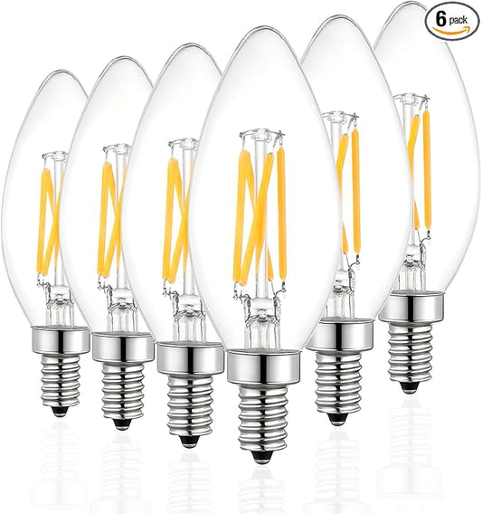 B11 Type B LED Filament Bulb, E12 Base, 4W/40W Equivalent 2700K Warm White – Clear Glass, Dimmable, Ideal for Chandeliers, Wall Sconces & Decorative Lighting, 6-Pack(2700K)