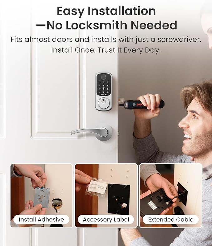 DESLOC B200 Fingerprint Smart Lock with 2 Lever Handles, Keyless Entry Front Door Lock Set, Electronic Keypad Deadbolt, App Control, Auto Lock, Long Battery Life,Silver
