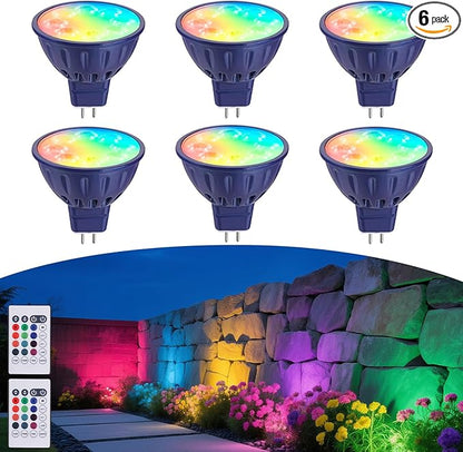 RGBW Color Changing MR16 LED Bulbs, CCT Tunable 2700K to 6500K, Dimmable with Remote Control, Memory Function, GU5.3 Bi-pin Base Light Bulbs for 12V Low Voltage Landscape Lighting 6-Pack
