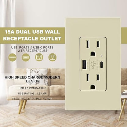 Micmi Ivory USB Outlet with C + A Wall Dual High Speed Receptacle Smart 4.8A Fast Charging Capability, 15 Amp 125Volt, Tamper Resistant Wall Plate Included UL Listed (10Pack, Ivory, 15 Amp Outlet)