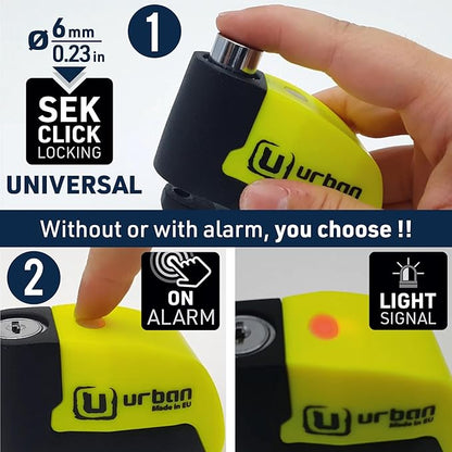 URBAN UR6 Hi-Tech Motorcycle Disc Lock with Smart Alarm | Best Value | 120dB, LED, Warning, A+ Sensitivity, Truly Waterproof, Long-Life CR2 Battery, Carried Locked, Bike Anti Theft Wheel Brake Locks