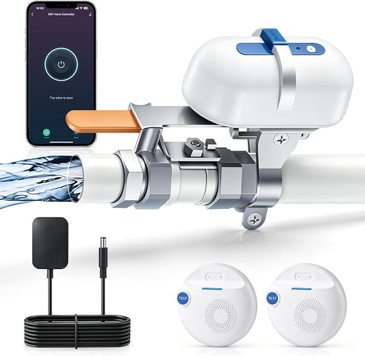 WiFi Smart Water Leak Detection & Auto Shut-Off Kit – 1 EVO Valve Controller + 2 Wireless Sensors, No Hub Needed, Works with Alexa & Google Home, Real-Time App Alerts for Home & Business