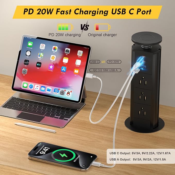 Kungfuking Pop Up Outlet for Countertop, Socket with 3 AC Outlets & 2 PD 20W USB-C & 1 USB-APorts, Pull Power Kitchen Conference Office, 3-3/8 Inch(85MM) Hole Grommet Strip, Dark Black