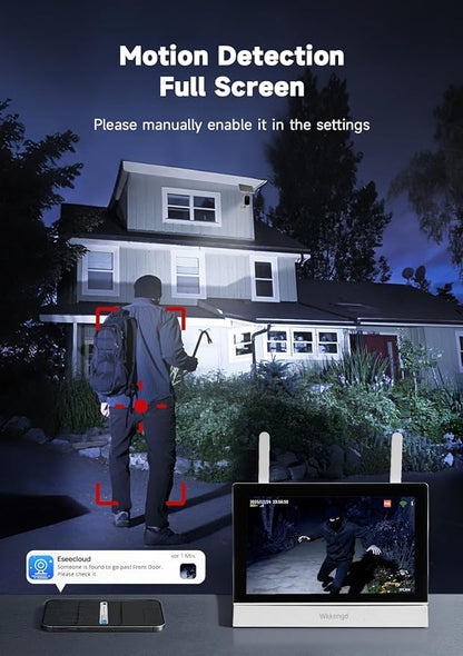Solar Wireless Security Camera System, 4MP Battery Powered 2-Camera Kit with 7" Touchscreen Monitor, Motion Detection Auto Full-Screen Zoom, Color Night Vision, Compatible with Alexa