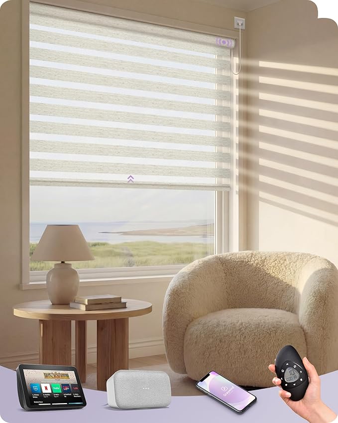 Graywind Motorized Zebra Blinds for Windows, Darkening Hardwired Smart Blinds with Remote Control, Dual Layer Custom Zebra Shades Work with Alexa, Google Home, Apple Homekit, Linen Weave Beige