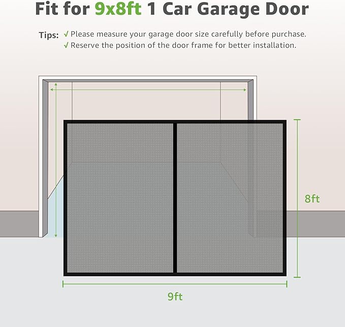 Garage Door Screen - 1 Car 9x8Ft Magnetic Closure Heavy Duty Weighted Bottom Screen Self Sealing Fiberglass Mesh Retractable Net-Easy Assembly&Pass-Through(Black)