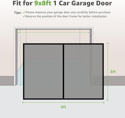 Garage Door Screen - 1 Car 9x8Ft Magnetic Closure Heavy Duty Weighted Bottom Screen Self Sealing Fiberglass Mesh Retractable Net-Easy Assembly&Pass-Through(Black)
