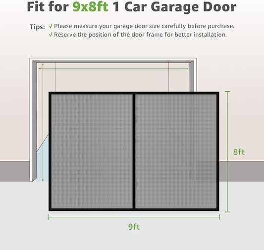 Garage Door Screen - 1 Car 9x8Ft Magnetic Closure Heavy Duty Weighted Bottom Screen Self Sealing Fiberglass Mesh Retractable Net-Easy Assembly&Pass-Through(Black)