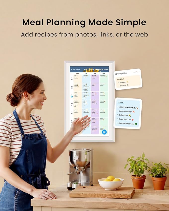 Apolosign 15.6-inch Digital Calendar, Smart Wall Planner with Calendar Sync, Chore Chart, Meal, Install Apps & Widget, Electronic Touchscreen Display for Family Schedules, Dual Mode, with Stand (White)