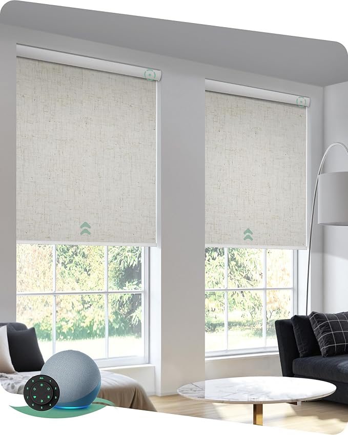 Yoolax Motorized Blinds with Remote, 100% Blackout Smart Blinds for Bedroom Home Office, Automatic Roller Window Shades Work with Alexa Voice Control, with Valance (Linen Beige, 58" W x 72" H)