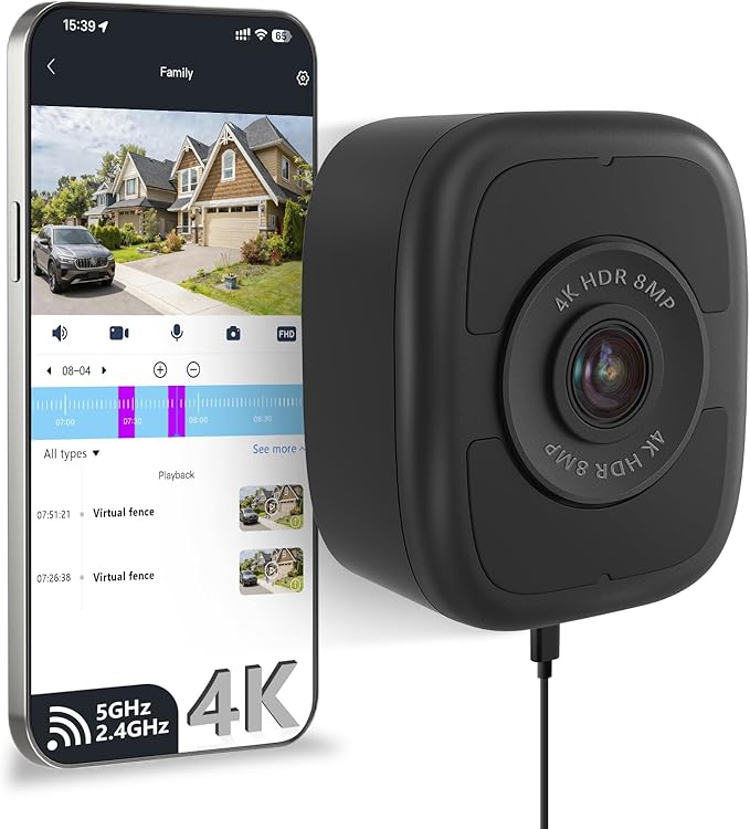 HIEASY 8MP 4K Window Security Camera, 2.4/5GHz Dual-Band WiFi Glass-Mount Camera, Anti-Reflection Night Vision, AI Human Detection, 24/7 Continuous Recording, 32GB SD Card Included, Black (4K-Black)
