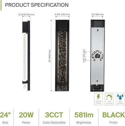 ASD LED 24" Bubble Glass Wall Light Fixture, Outdoor & Indoor Seeded Sconce | 3CCT, Waterproof, Dimmable, ETL Listed | 20W 600LM 3000-5000K 100-277V | Exterior Lantern, Porch Lighting | Black
