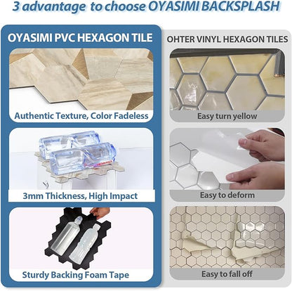 20 Sheets Hexagon Peel and Stick Backsplash for Kitchen Wall, Heat Resistant Stick on Backsplash PVC Smart Tiles, 12'' Beige Marble Waterproof Peel and Stick Wall Tiles for Bathroom
