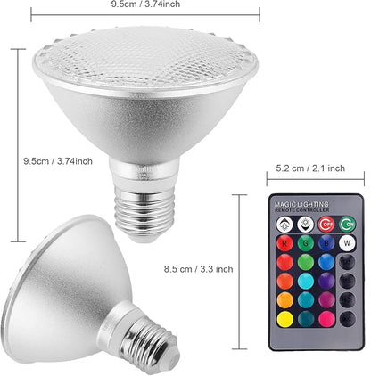 30W PAR30 RGB LED Flood Light Outdoor, Dimmable Color Changing LED Bulbs with Remote Control, Waterproof Lawn Lamp for Home Courtyard Christmas Party Decoration (2pcs)