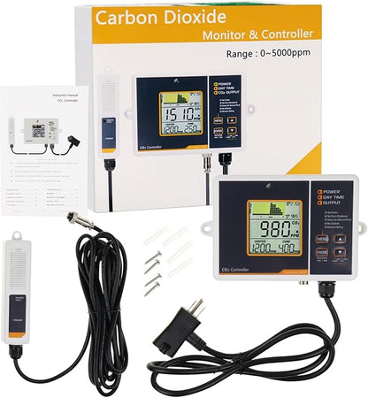 CO2 Controller Carbon Dioxide Controller CO2 Meter Dector Monitor Day and Night CO2 Control Relay Function 4.6m Long Cable Dual Channel Low Drift NDIR Sensor for Green House Grow Room Factory Home Off