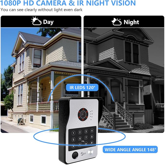 ANJIELO SMART Wired Video Door Phone Apartment Intercom System,7 Inch Touch Monitor with 1080P HD Camera Doorbell,Supporting Fingerprint,RFID Card,Password Unlocking for Home Villa,Tuya