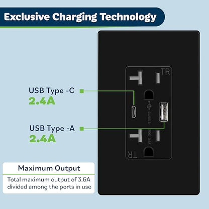 TOPGREENER 2-Port USB Outlet, 4.2A Type C USB Wall Outlet, Black, 6 Pack | UL Listed, 20 Amp TR Receptacle Plug, USB Receptacle, Charging Power Outlet with USB C & A Ports, Wall Plate Included