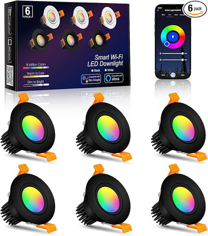 Smart WiFi 2 Inch Black LED Downlight, 5W 120V RGBCW Recessed Light, Dimmable COB 2700K-5000K, Compatible with Alexa/Google, LED Can Lights with Driver, 6 Pack