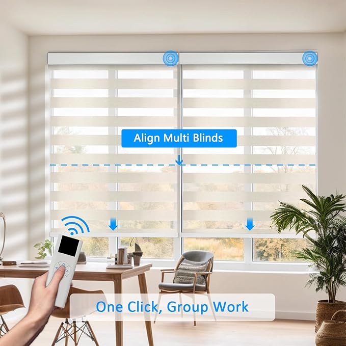 Motorized Zebra Blinds for Windows Cordless Electric Curtains with Remote Control Blackout Shades Custom Smart Blinds Compatible with Alexa Google Home(Light Filtering Beige,W38 X 72in)