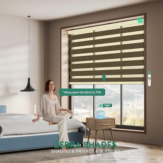 Motorized Zebra Blinds with Remote, Work with HomeKit Alexa Automatic Electric Window Shades 95% Blackout Light Filtering for Smart Home and Office, Customized Size Luxury Brown
