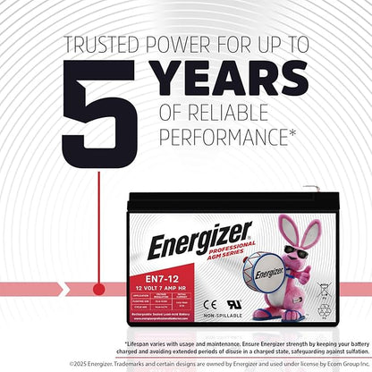 Energizer EN7-12, 12 Volt 7 Amp Hr, Long Lasting Sealed Lead Acid AGM | Replacement for Ride on Razor Scooter / E90, APC smart UPS, Solex alarm battery, Trophy Deer feeder, CyberPower CP600LCD