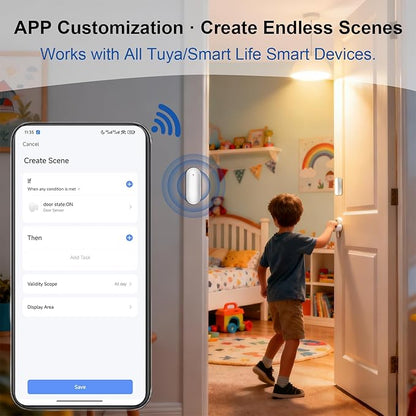 WiFi Magnetic Door Sensor Alarm with App That Alerts Your Phone, Mini Wireless Window Alarms When Opened for Home Security, No Hub Required, Smart Sliding Door Contact Sensors Chimes Safety Protection