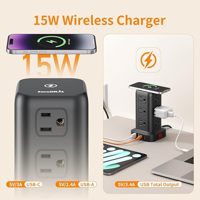 Extension Cord with Multiple Outlets, SMALLRT Power Strip Tower, 10FT Outlet Extender with 12 AC Outlets 4 USB, Power Strip with USB Ports for Home Office Dorm Room,Overload Protection