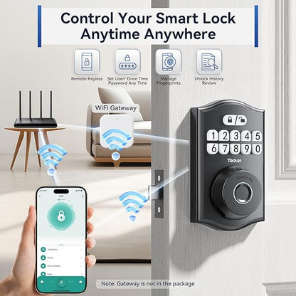 Y58 Built-in WiFi Fingerprint Door Lock, Keyless Entry Door Lock for Front, Smart Home & Apartment, App Control, 15-Min Easy Install, Grade 3 Anti Security, Matte Black
