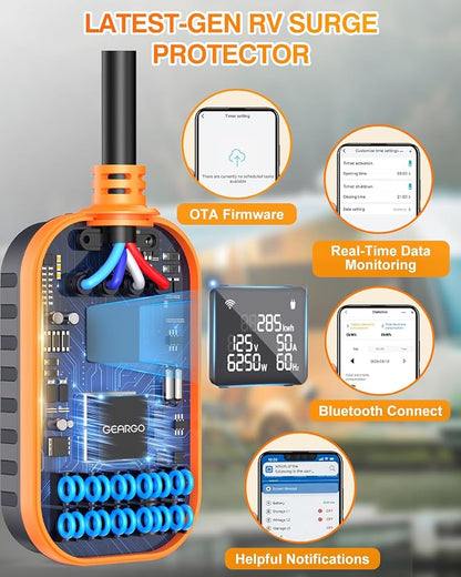 GEARGO First RV Surge Protectors 50 Amp with App Control & Smart LED Display,Smart 50 Amp RV Surge Protector with Real Time KWH, Voltage Monitor, 18000 Joules LED Display Circuit Analyzer for Camper