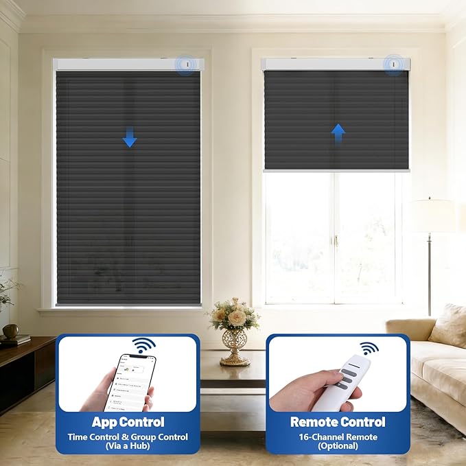Motorized Cellular Shades with Remote, Smart Cellular Shades Compatible with Apple HomeKit, Alexa & Google Home, Honeycomb Window Blinds for Indoor Windows, Light Filtering Onyx Black