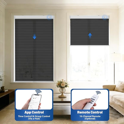 Motorized Cellular Shades with Remote, Smart Cellular Shades Compatible with Apple HomeKit, Alexa & Google Home, Honeycomb Window Blinds for Indoor Windows, Light Filtering Onyx Black