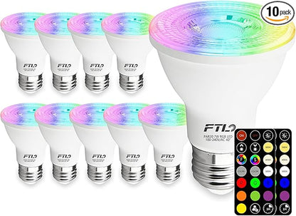 FTL PAR20 LED Bulbs Color Changing Light Bulbs with Remote Control, Dimmable RGB Colored Bulbs 2700K-6000K 7W 60W Equivalent, Timer,30 Colors, Flood Light for Track Recessed Lighting, 10-Pack
