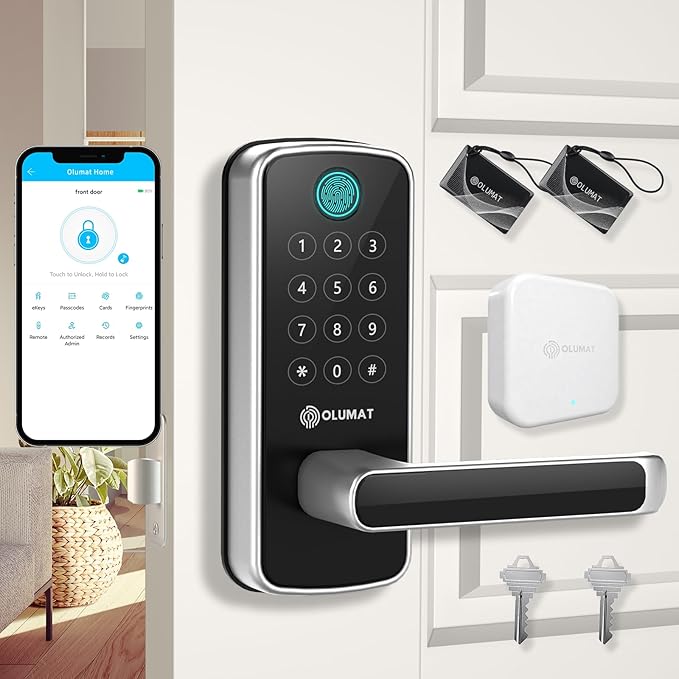 OLUMAT Smart Door Lock with WiFi Gateway, Keyless Entry Door Lock with Handle - Smart Locks for Front Door with Keypad - Fingerprint Locks with App Control - Auto Lock