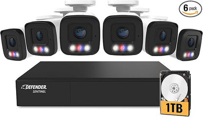 Defender AI Powered Sentinel 4K 8CH PoeE Security Camera System, 6pcs NVR Metal Outdoor Surveillance Cameras, 1TB HDD, SMART AI Human Detection, Blue/Red Lights, Works w/Empower App