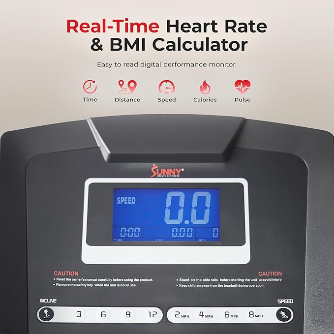 Sunny Health & Fitness Exercise Treadmills Double Deck Sizes and Incline Features with Bluetooth & SunnyFit App
