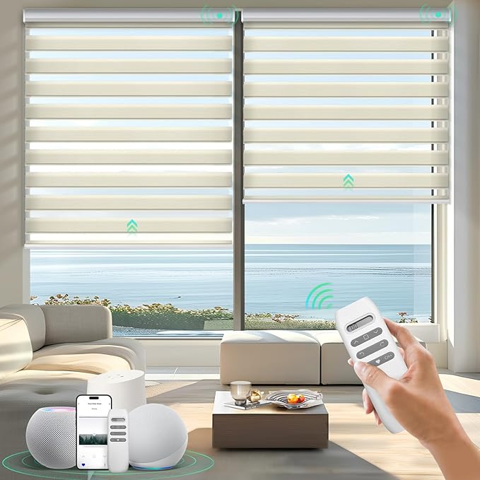 HeyBlinds Motorized Zebra Blinds with Remote, Smart Cordless Electric Zebra Shades for Indoor Windows Compatible with Alexa Google & Homekit, Custom Size (Wool-Cream LF)