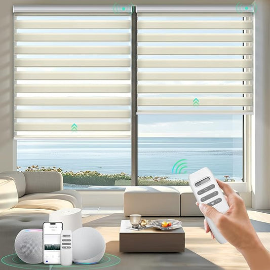 HeyBlinds Motorized Zebra Blinds with Remote, Smart Cordless Electric Zebra Shades for Indoor Windows Compatible with Alexa Google & Homekit, Custom Size (Wool-Cream LF)